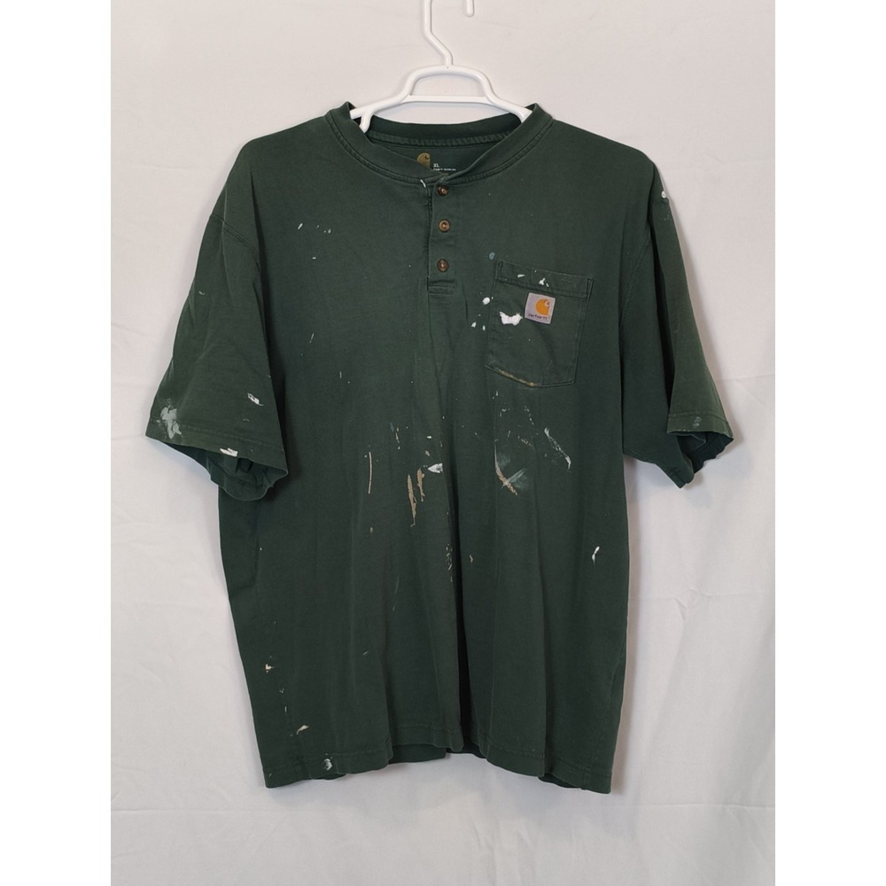 Carhartt Shirt Mens XL Green Henley Neck Grunge Workwear‎ Paint Splatter